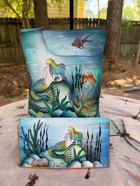 NWOT Anuschka "Little Mermaid" Hand Painted Leather Crossbody & Wallet Set